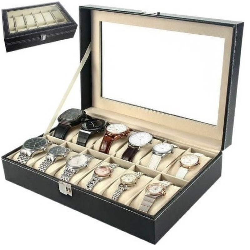 Органайзер-скринька для зберігання годинників 12 відділень екошкіра чорний