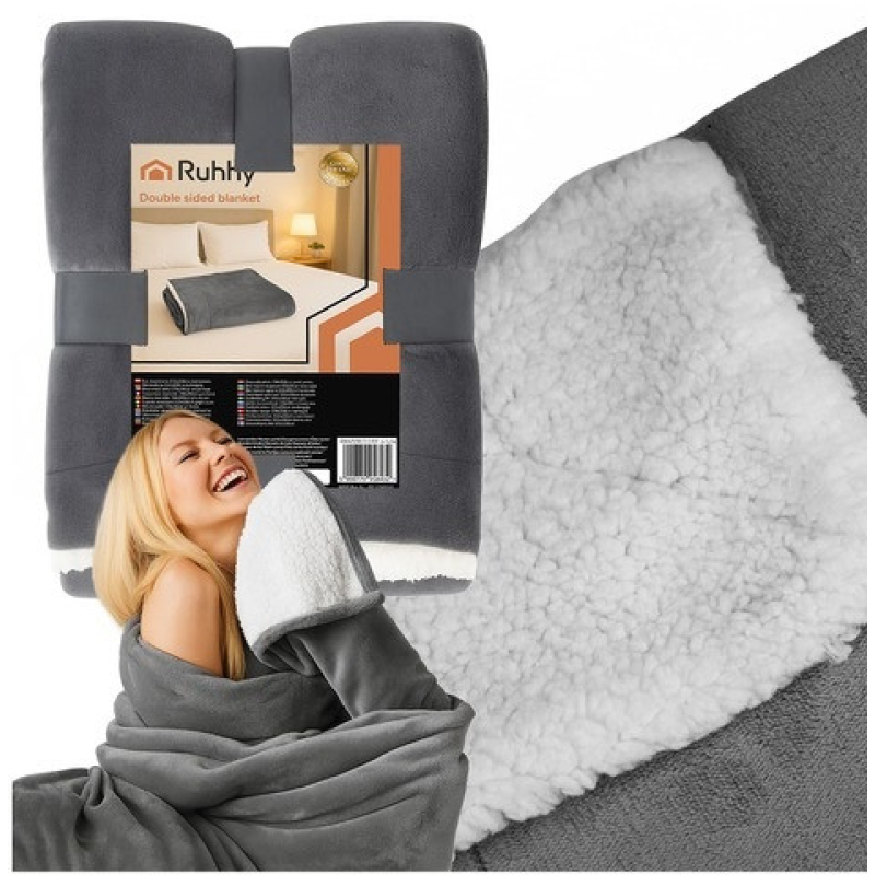 Плед ковдра двостороння легка стійка до зминання імітація овчини 150 x 200 см темно-сіра