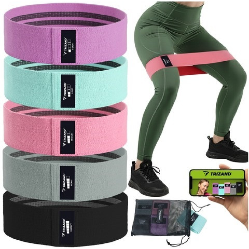 Набір тканинних еспандерів для фітнесу 5 шт в чохлі з планом тренувань та протиковзним покриттям